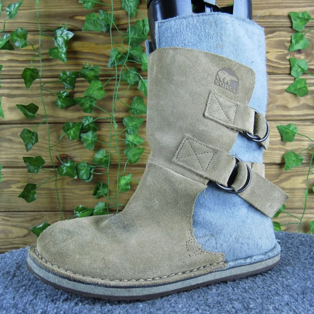 Sorel Chipahko Felt Girls 4 Tan‎ Gray Suede Winter Boots Double Strap Warm Lined